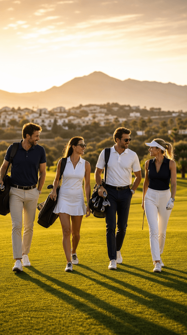 Members walking together across a golf course at sunset