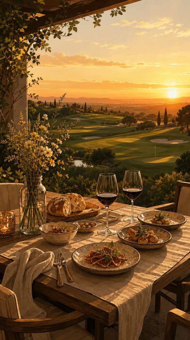 A long-lunch table on a terrace overlooking a Mediterranean landscape
